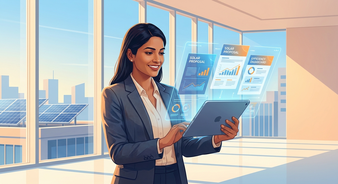 Solar proposal automation technology showing professional using digital tools for automated quote generation