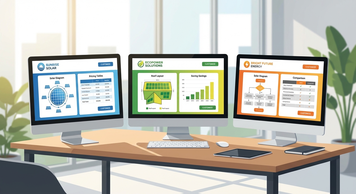 Customizable branded solar proposal templates showing different design options and branding elements