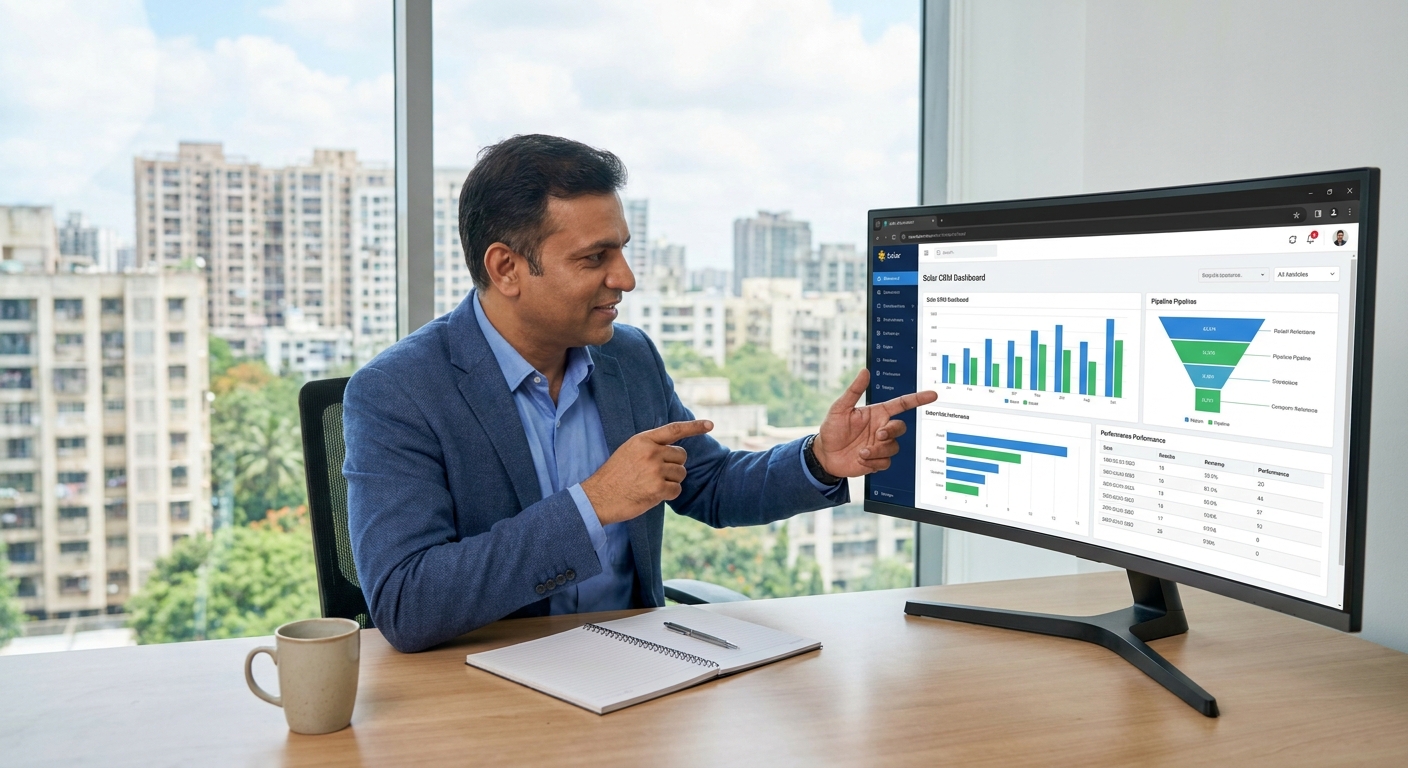Solar business owner reviewing CRM analytics dashboard for client communication optimization