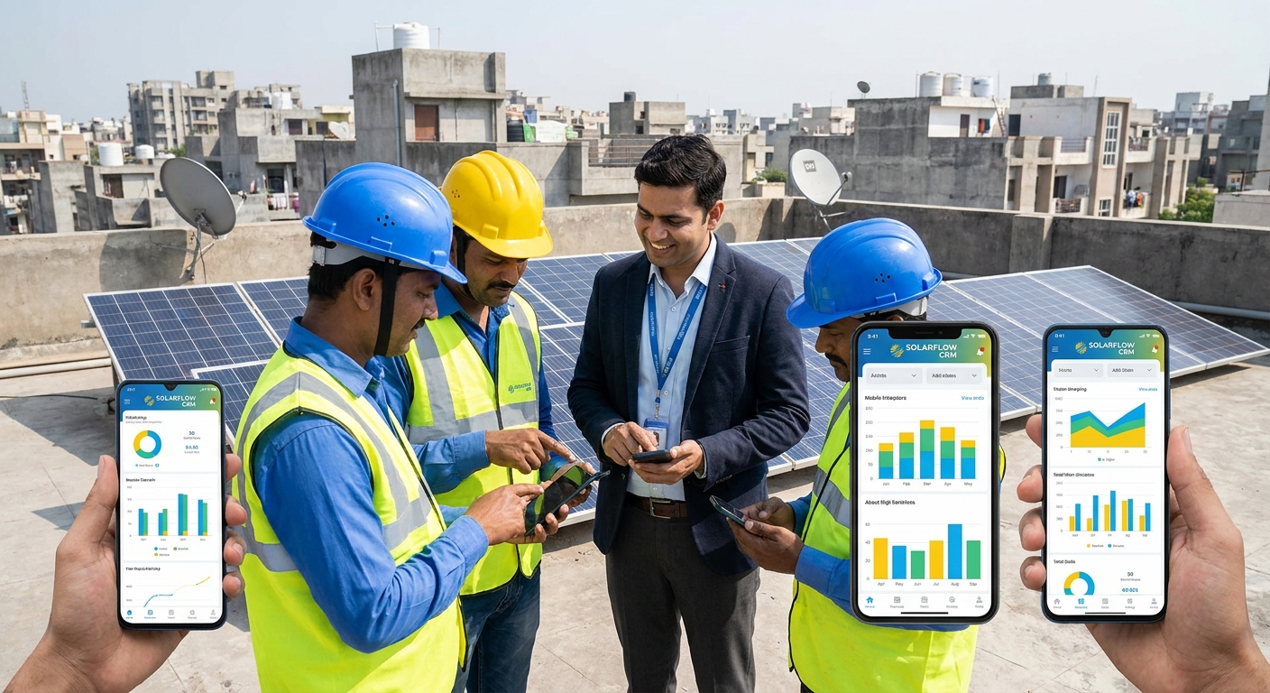 Solar EPC field team using mobile CRM app for client communication at installation site