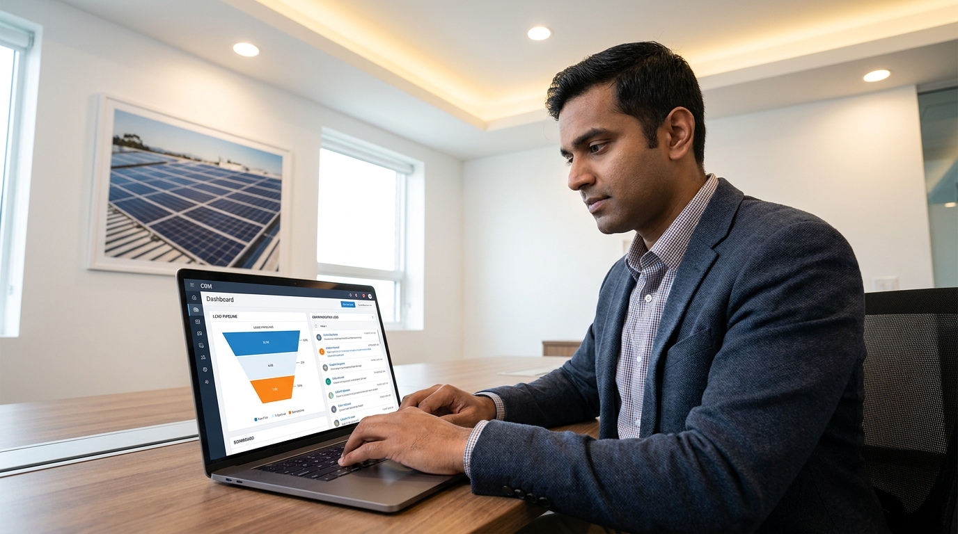 Solar sales professional using CRM dashboard for client communication in India