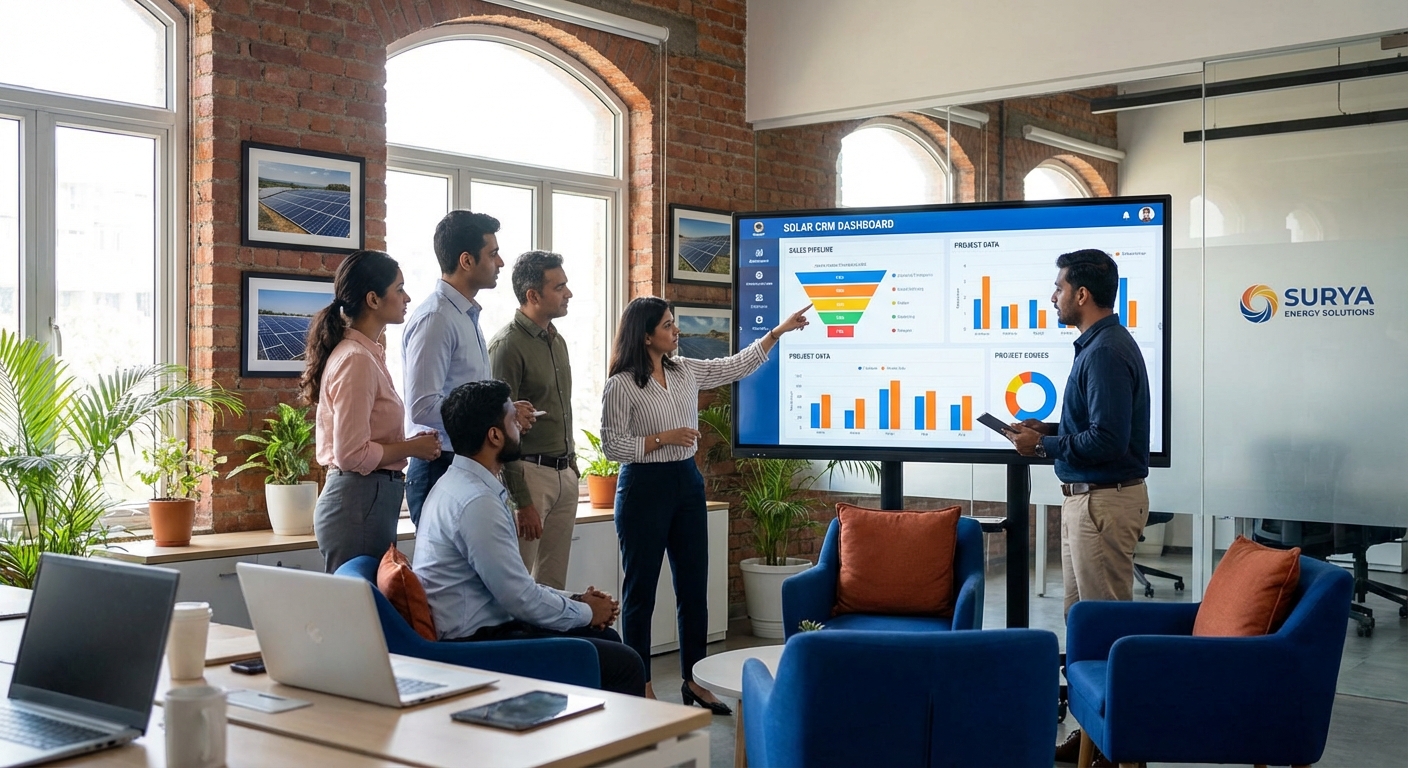 Professional team implementing CRM system in modern Indian solar company office with sales dashboard