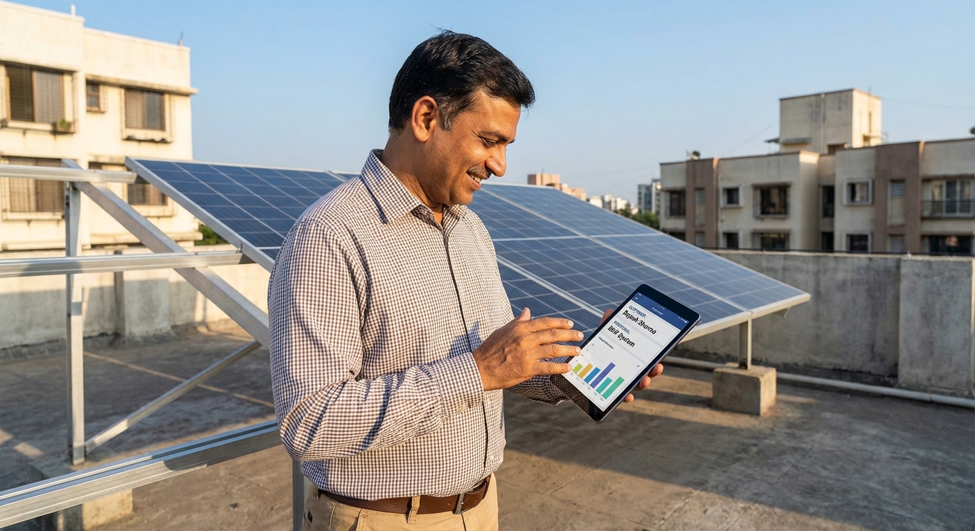 Solar sales professional using CRM mobile app on tablet at rooftop solar installation site in India