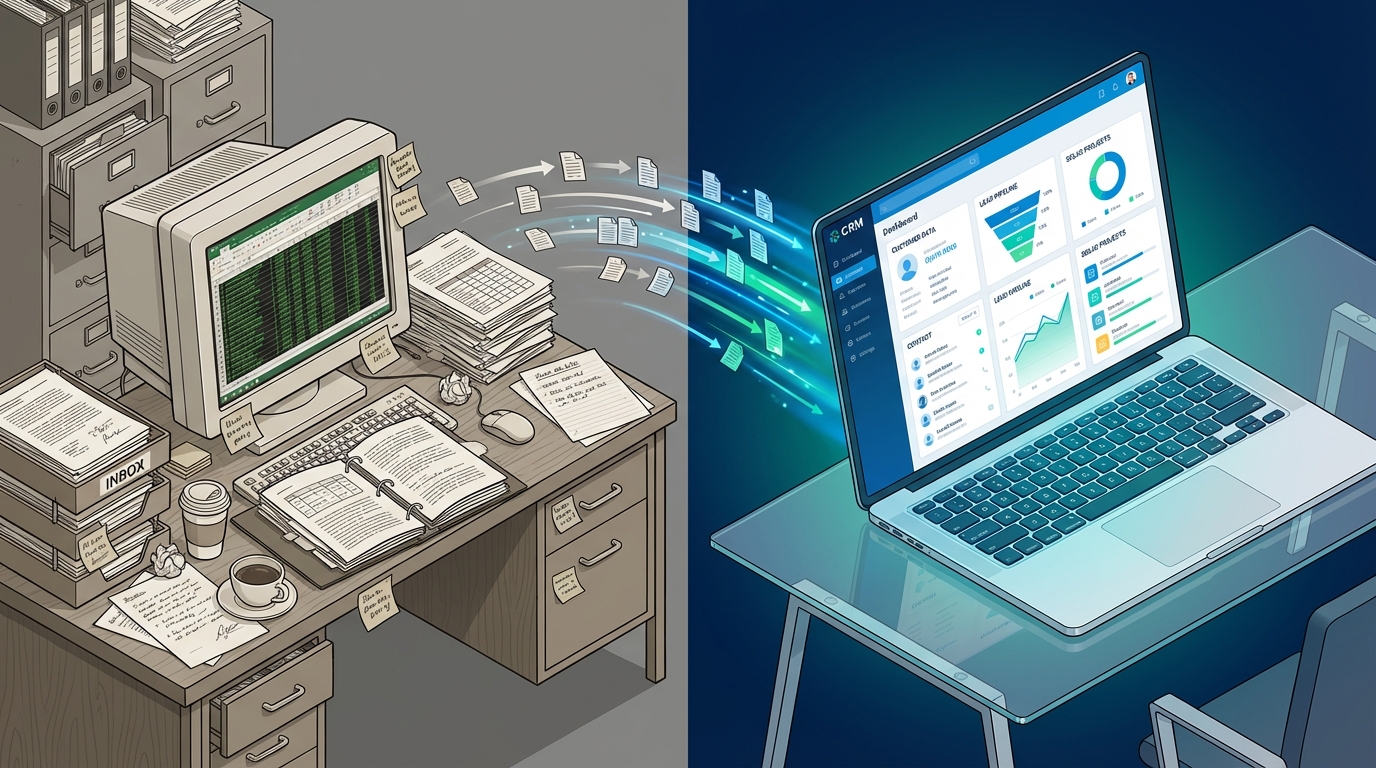 Data migration process from spreadsheets and paper files to organized CRM system interface
