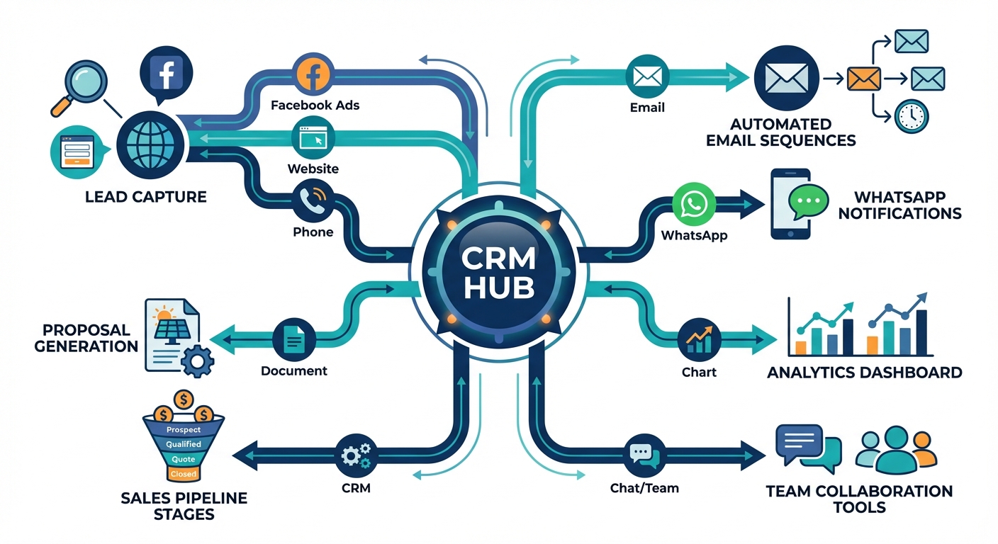 CRM workflow automation diagram showing automated lead capture, follow-ups, proposals, and integrations