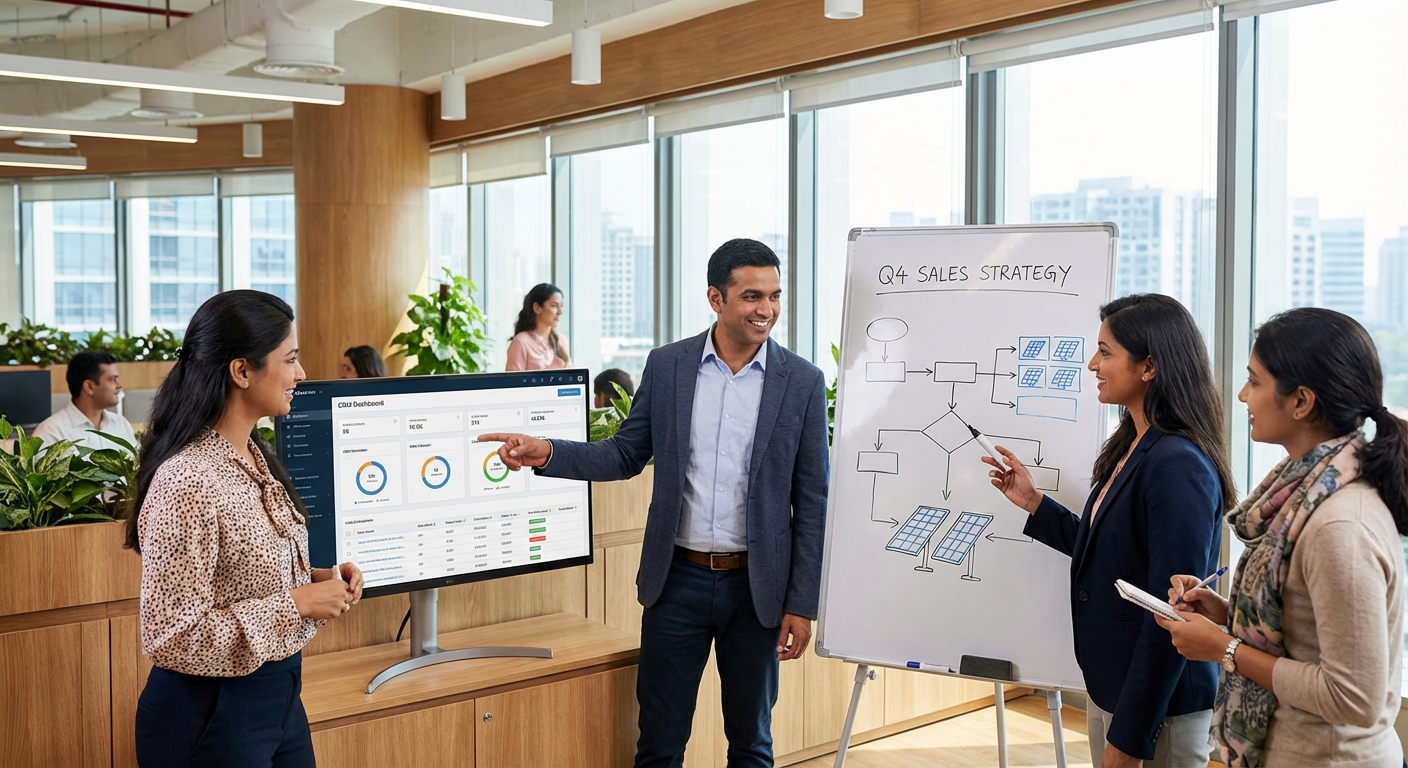 Solar business team collaborating on CRM implementation strategy