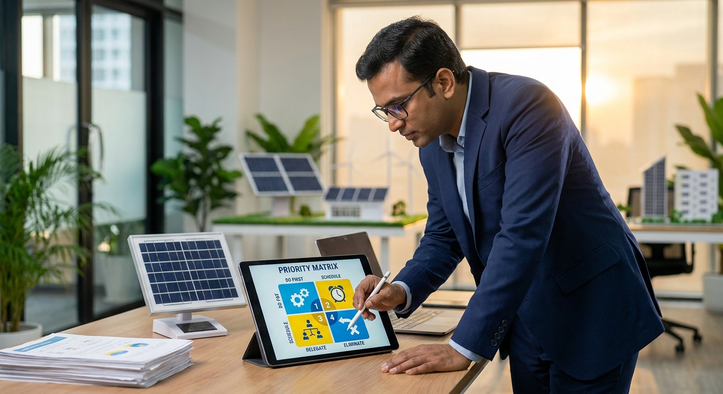 Solar business owner prioritizing CRM automation workflows on a tablet