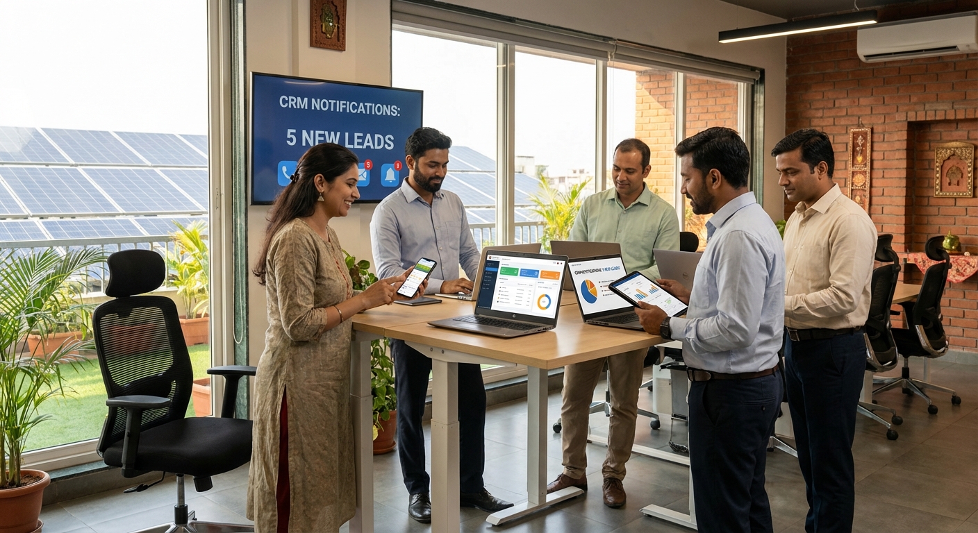 Solar sales team in India using follow-up automation tools effectively in modern office