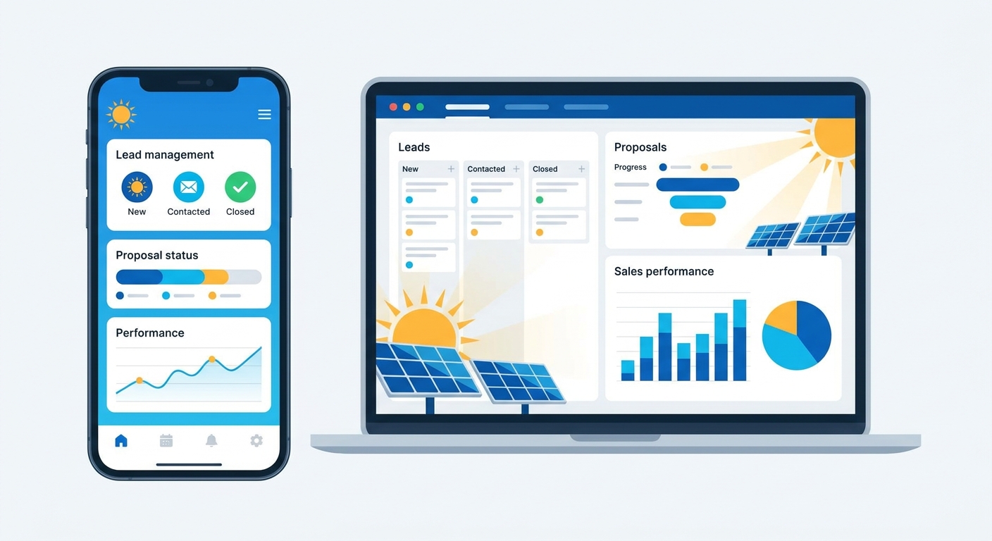 Solar CRM mobile app and dashboard showing sales metrics tracking for solar companies in India