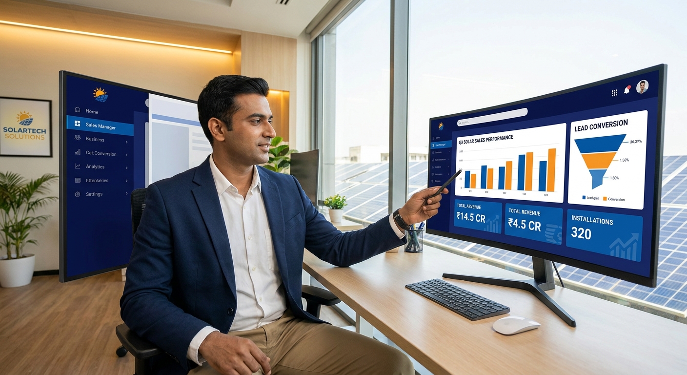 Solar sales professional reviewing sales metrics dashboard with solar panels in background