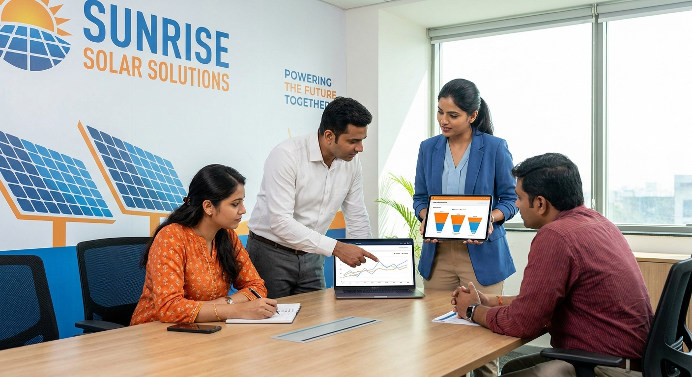 Solar sales team collaborating around a CRM dashboard tracking sales metrics on tablet and laptop
