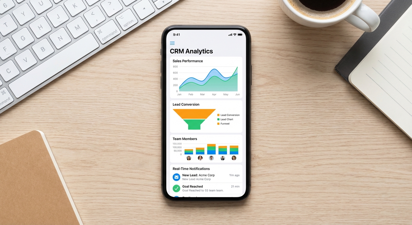 Mobile CRM analytics dashboard showing team performance metrics