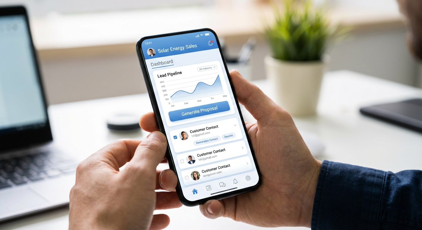 Mobile CRM interface showing solar proposal generation and lead management features