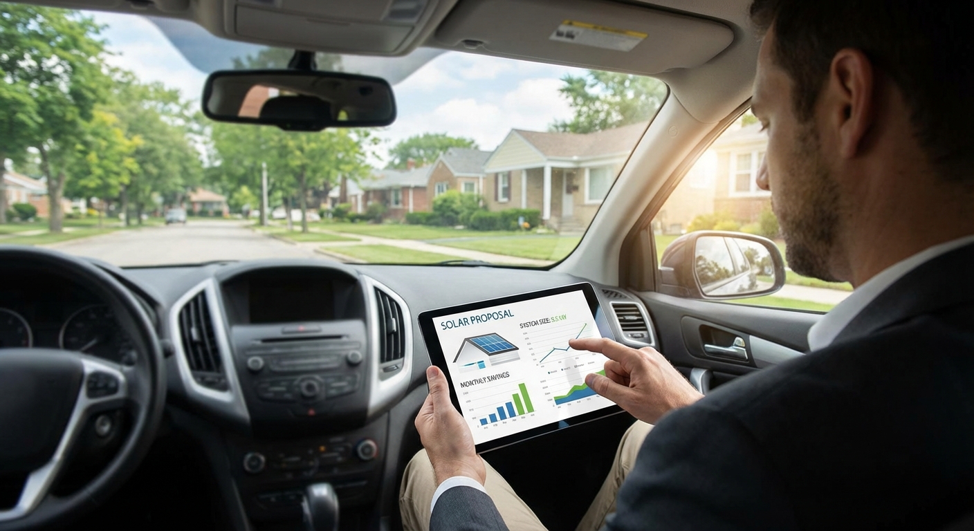 Solar sales professional creating and sending proposal via mobile device