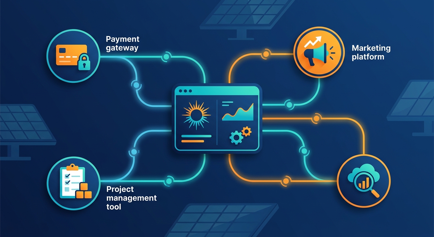 webhook automation connecting solar CRM to payment, marketing, and project management tools