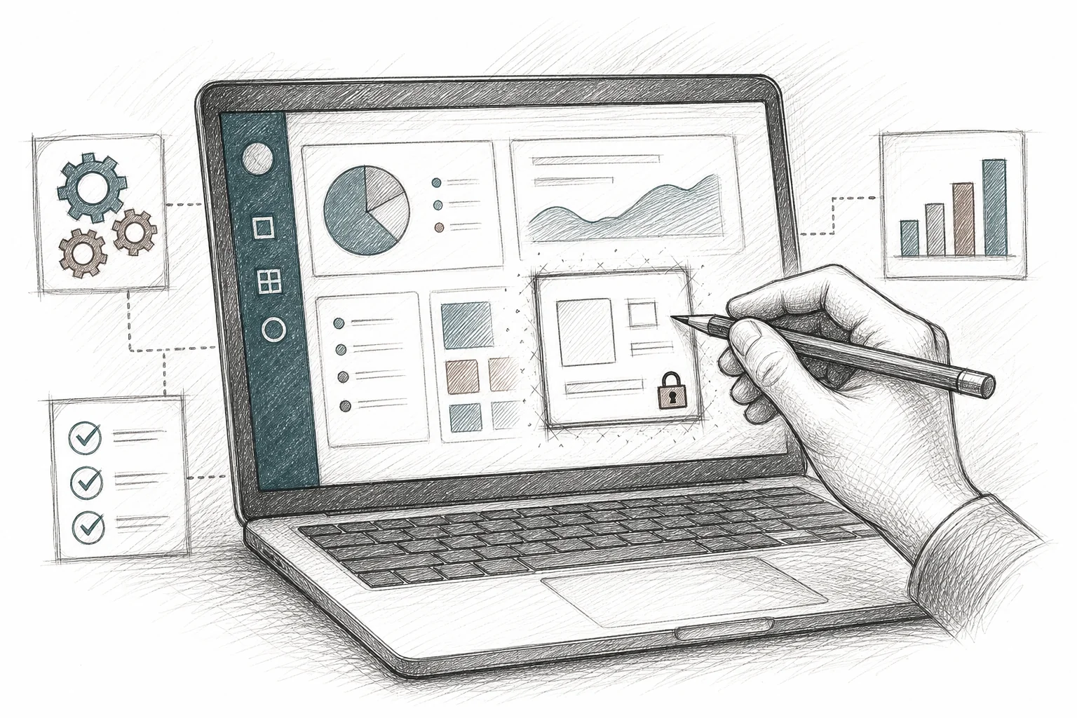 Sketch of a custom microapp panel being generated inside an existing SaaS dashboard, inheriting the host product's security and design