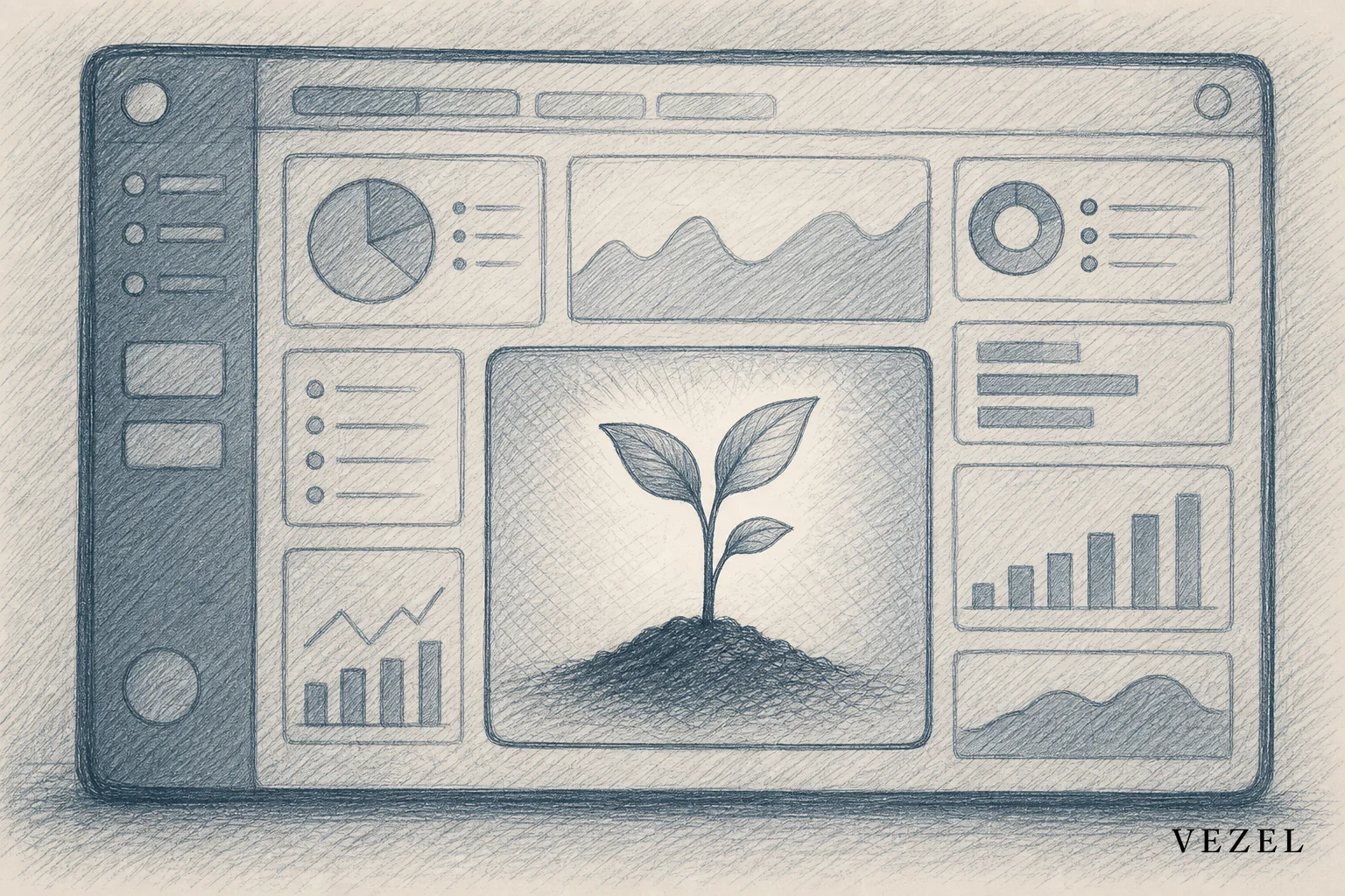 Sketch of a small test rocket or seedling growing inside a larger software platform outline, representing a pilot program. sketch style, hand-drawn line art with crosshatching, muted tones of #70828c and #2a4055, a small seedling growing