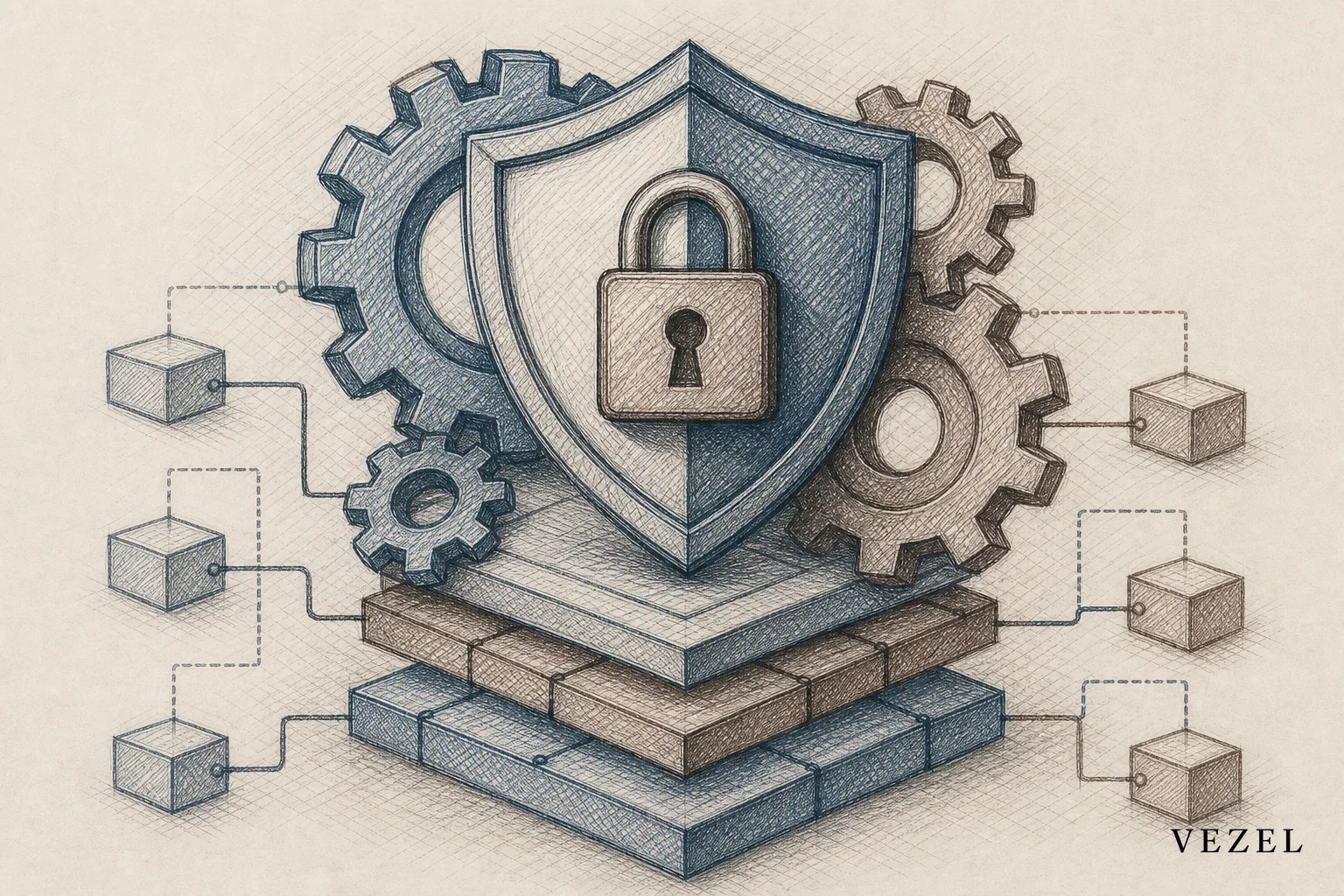 Sketch showing layered security and permission inheritance as a shield connected to interlocking gears. sketch style, hand-drawn line art with crosshatching, muted color palette of #2a4055 and #64524d, a shield icon layered over