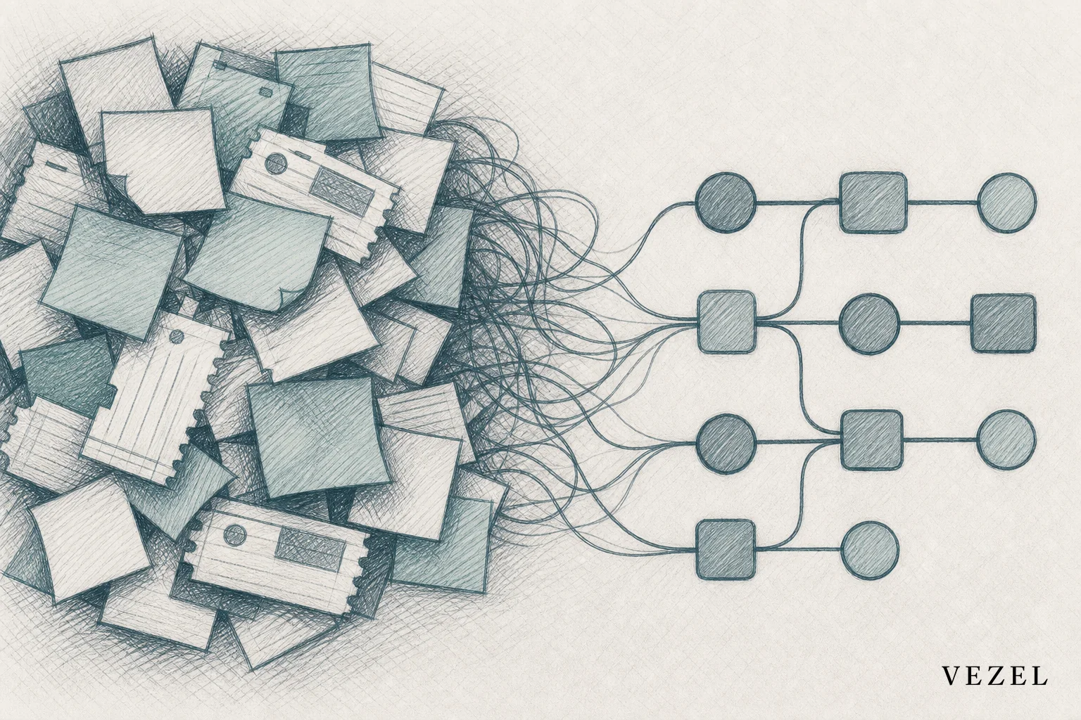 Sketch of a tangled backlog of sticky notes being untangled into an organized flow. sketch style, hand-drawn pencil illustration with crosshatch shading, colors limited to #38555e and #768d8c, a cluttered pile of overlapping sticky notes