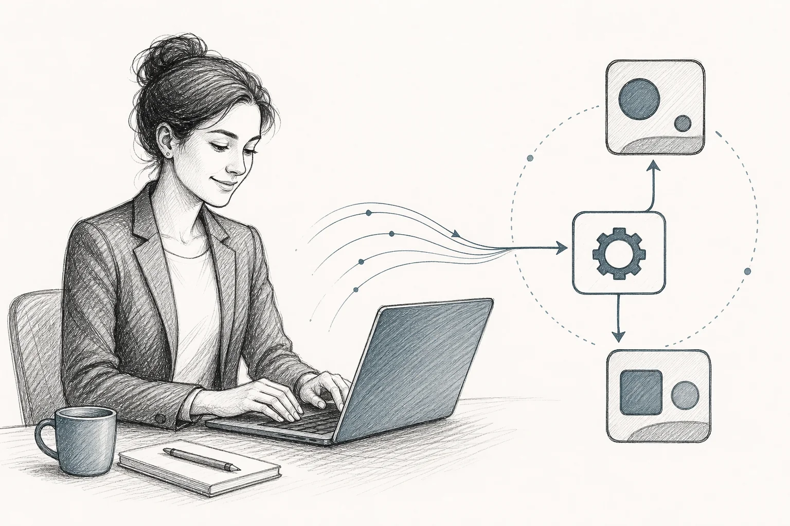 Sketch illustration of a professional typing a plain-English request that transforms into a connected workflow diagram between two software systems