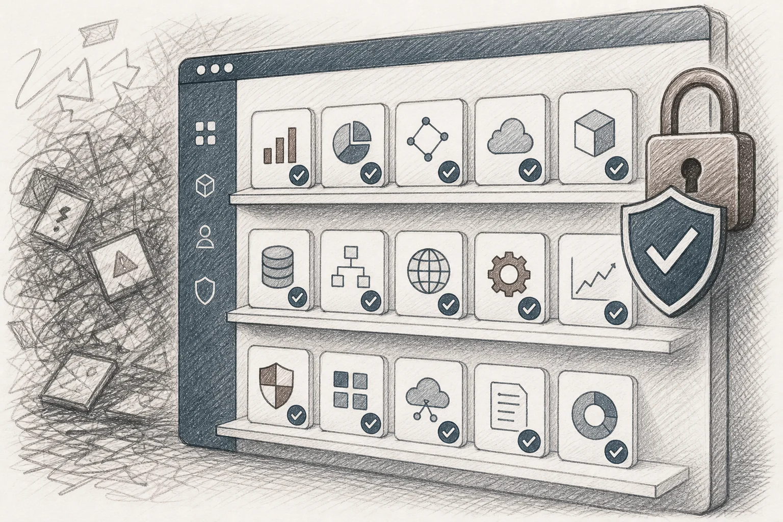 Sketch illustration of an organized in-app marketplace shelf with app cards and a governance checkmark motif