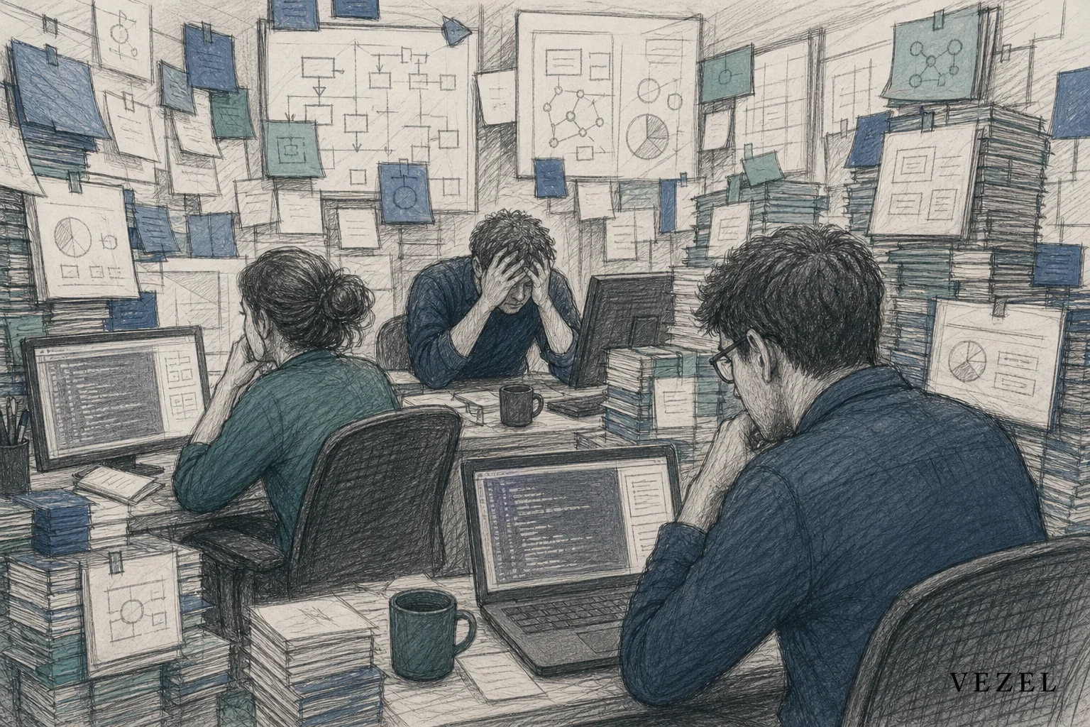 sketch, hand-drawn line art pencil sketch with crosshatching and minimal color, showing a small huddle of engineers at desks surrounded by towering stacks of sticky notes and ticket cards labeled with abstract dashboard and workflow icons