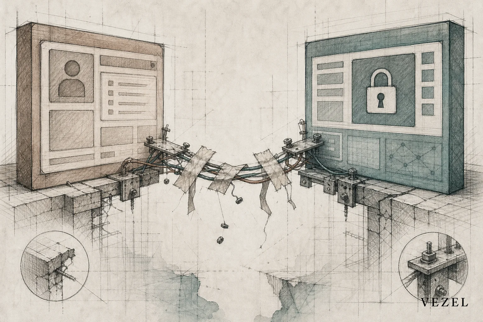 A sketch of two disconnected software systems with a fragile bridge of duct tape and wires between them, representing internal tool builders bolted onto a SaaS product. sketch, hand-drawn line art pencil sketch with crosshatching and