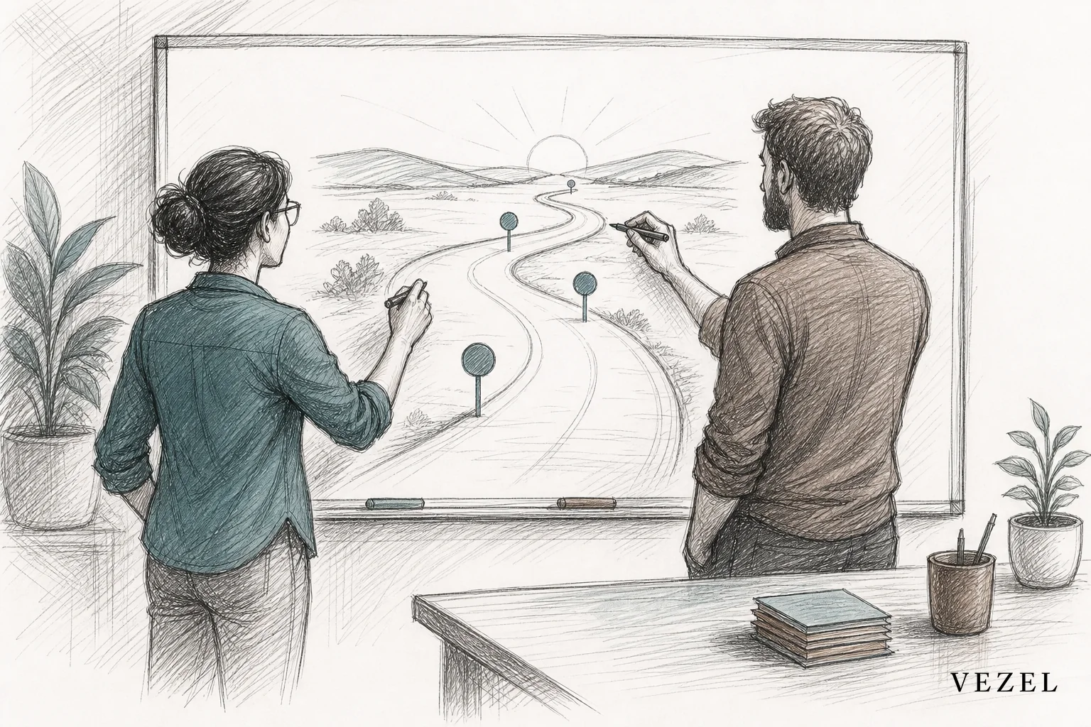 A sketch of engineers finally freed up to work on a core product roadmap, with a clear open path forward instead of a cluttered backlog. sketch, hand-drawn line art pencil sketch with crosshatching and minimal color, showing engineers