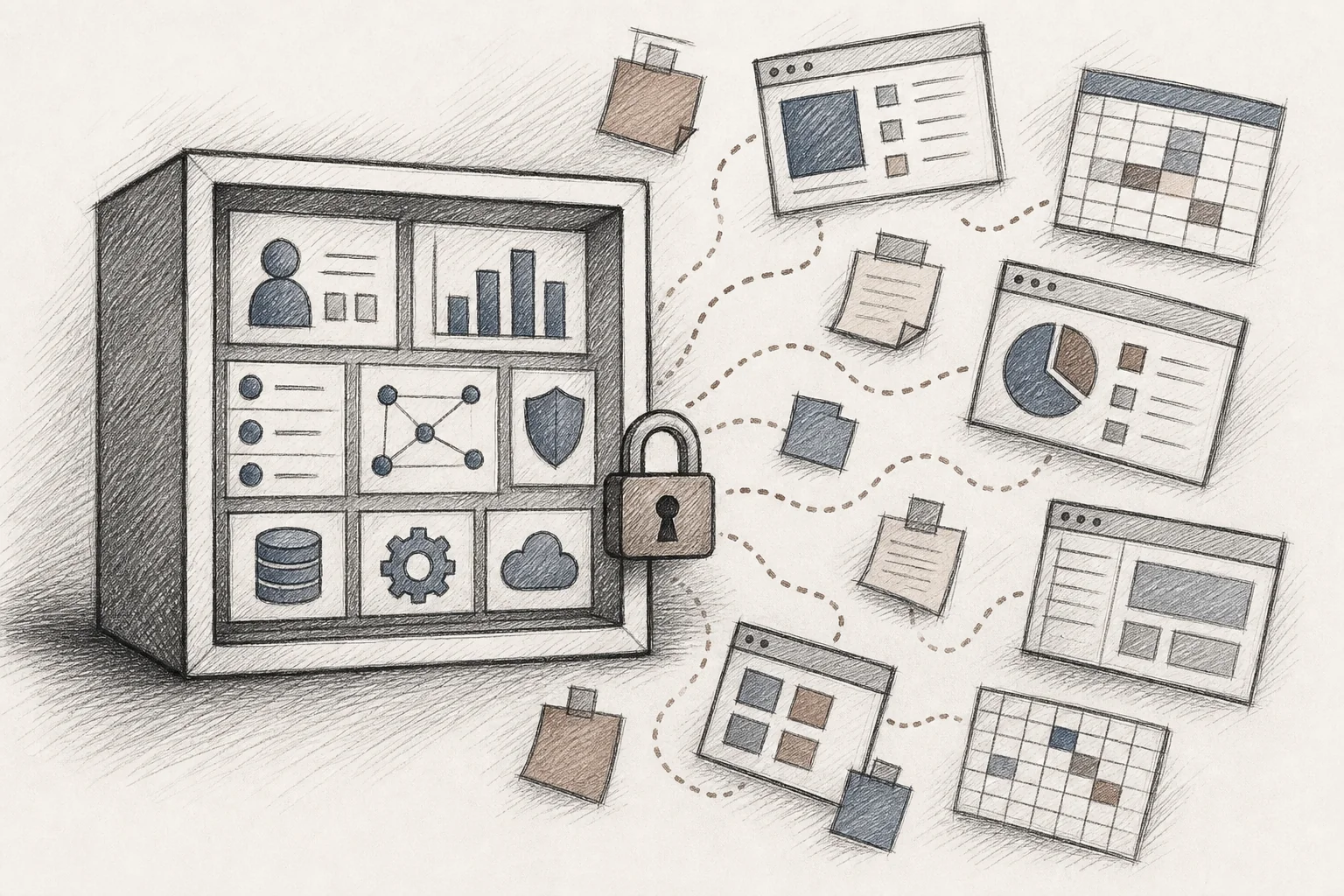 A sketch of scattered standalone apps and spreadsheets floating outside a secure platform boundary, representing shadow IT and governance risk. sketch: hand-drawn pencil line art with crosshatching, minimal color using muted brown (#64524d)