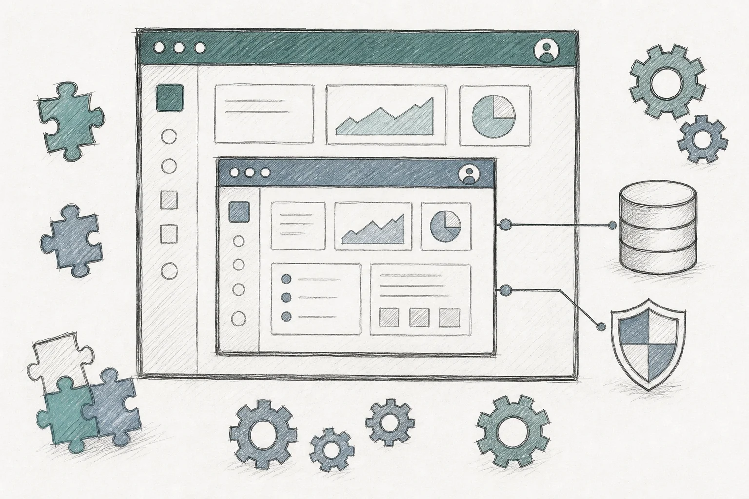 A diagram-style sketch showing a microapp embedded inside a larger host platform, inheriting its security shield and data pipes. sketch: hand-drawn pencil line art with crosshatching and minimal color, using muted teal-green (#38555e) and