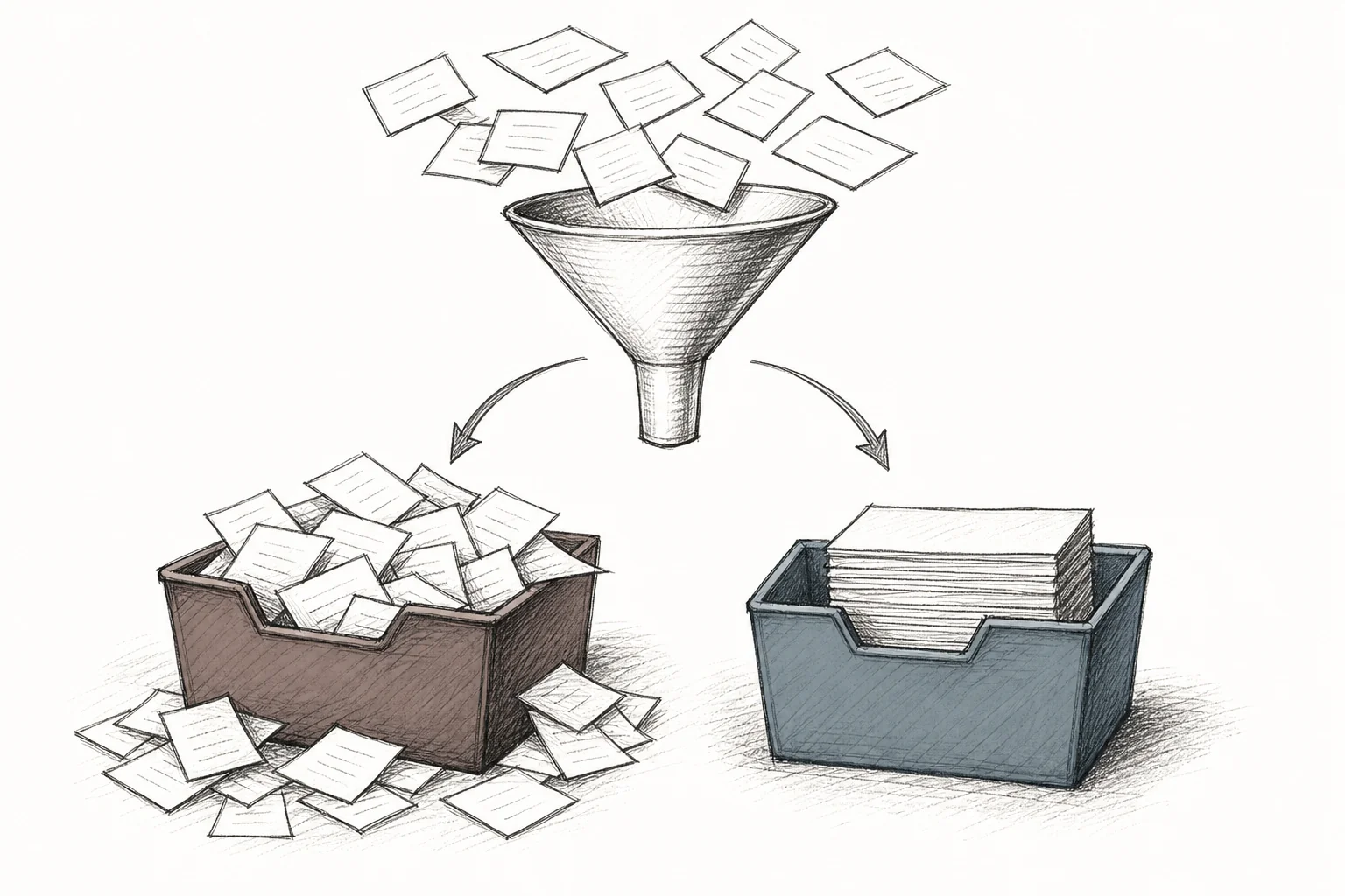 Funnel diagram sorting incoming customer requests into two bins, one overflowing and one neatly organized