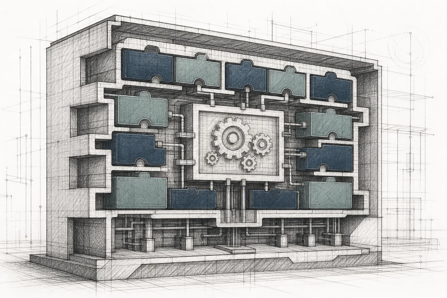 Layered architectural sketch showing modular microapps nested inside a larger software platform structure