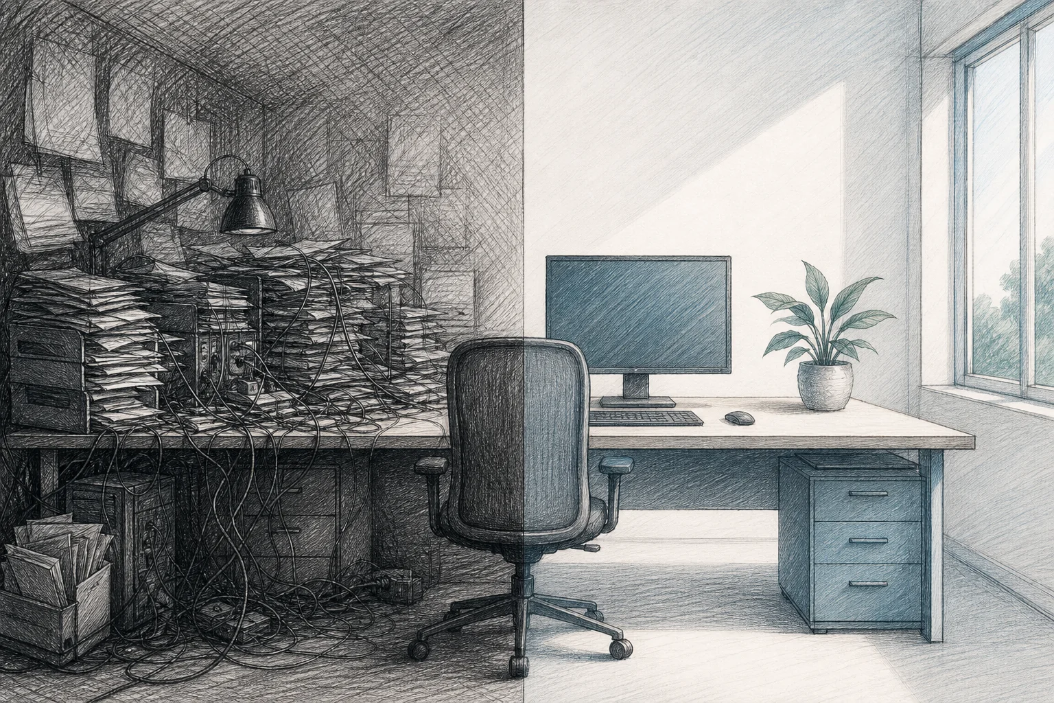 Split sketch illustration contrasting a cluttered engineering desk with a clear, focused workspace