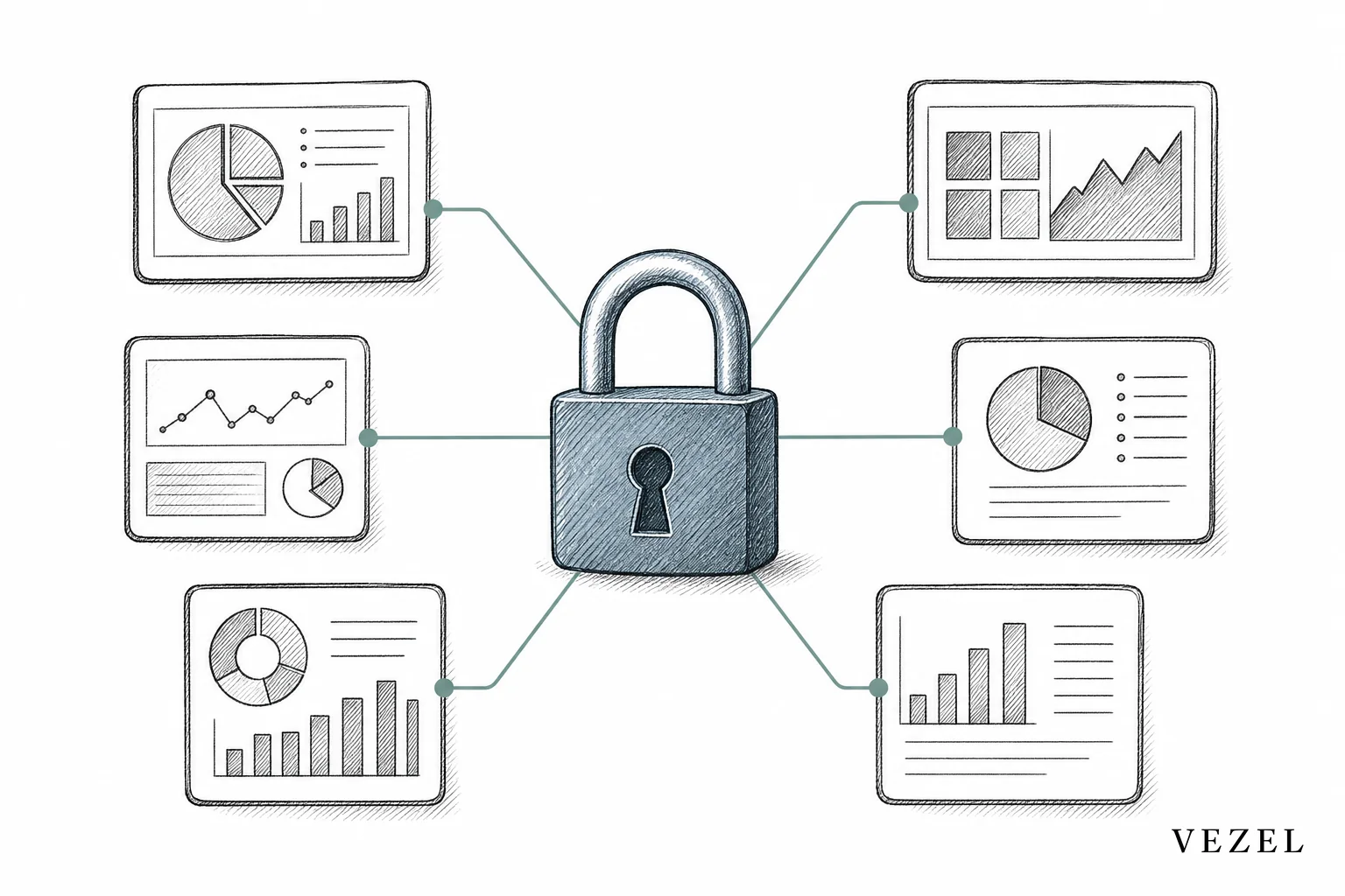 sketch, hand-drawn line art with crosshatching, a padlock at the center connected by thin lines to smaller module icons representing dashboards and reports, accent color #70828c for the lock and #768d8c for connecting lines, minimal palette