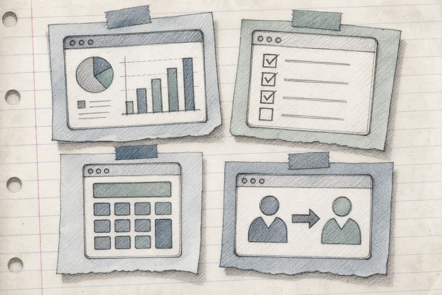 Sketch collage of several small custom microapps: a dashboard, a checklist, a calculator, a handoff report, as used by different enterprise roles. sketch, hand-drawn line art, pencil crosshatching, subtle color washes in #70828c, #768d8c