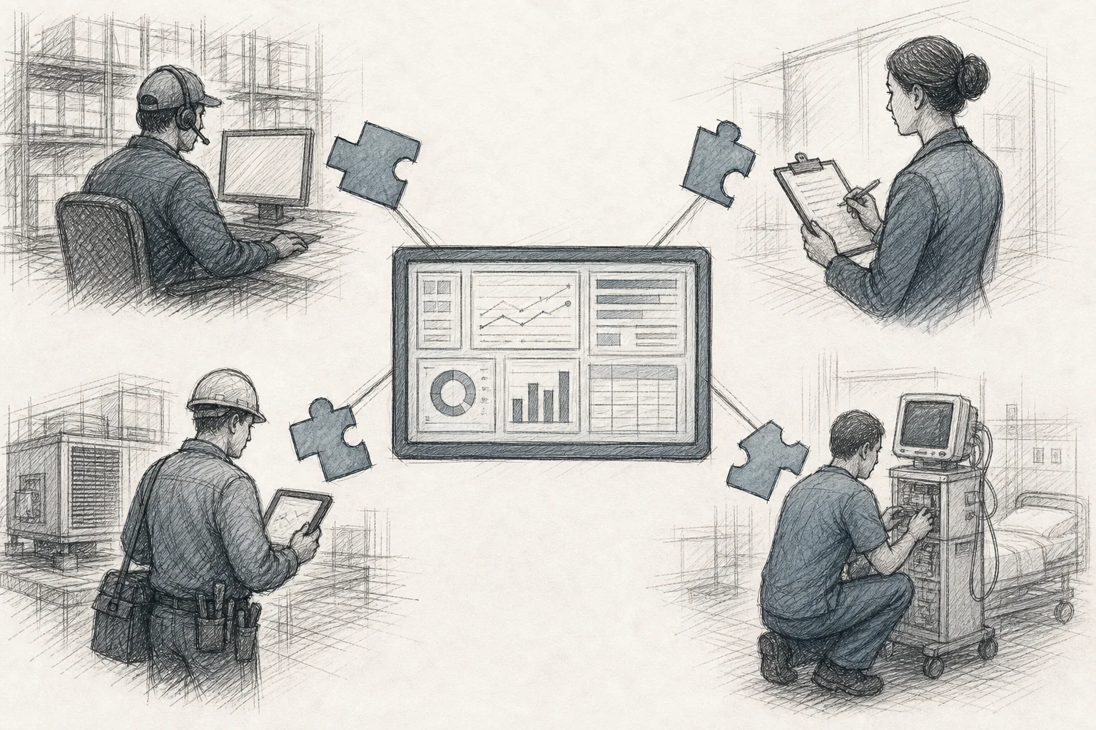 sketch, hand-drawn line art with pencil crosshatching and minimal color washes in muted #2a4055 and #70828c tones. A single rigid computer screen or dashboard frame in the center, with radiating lines connecting it to several distinct