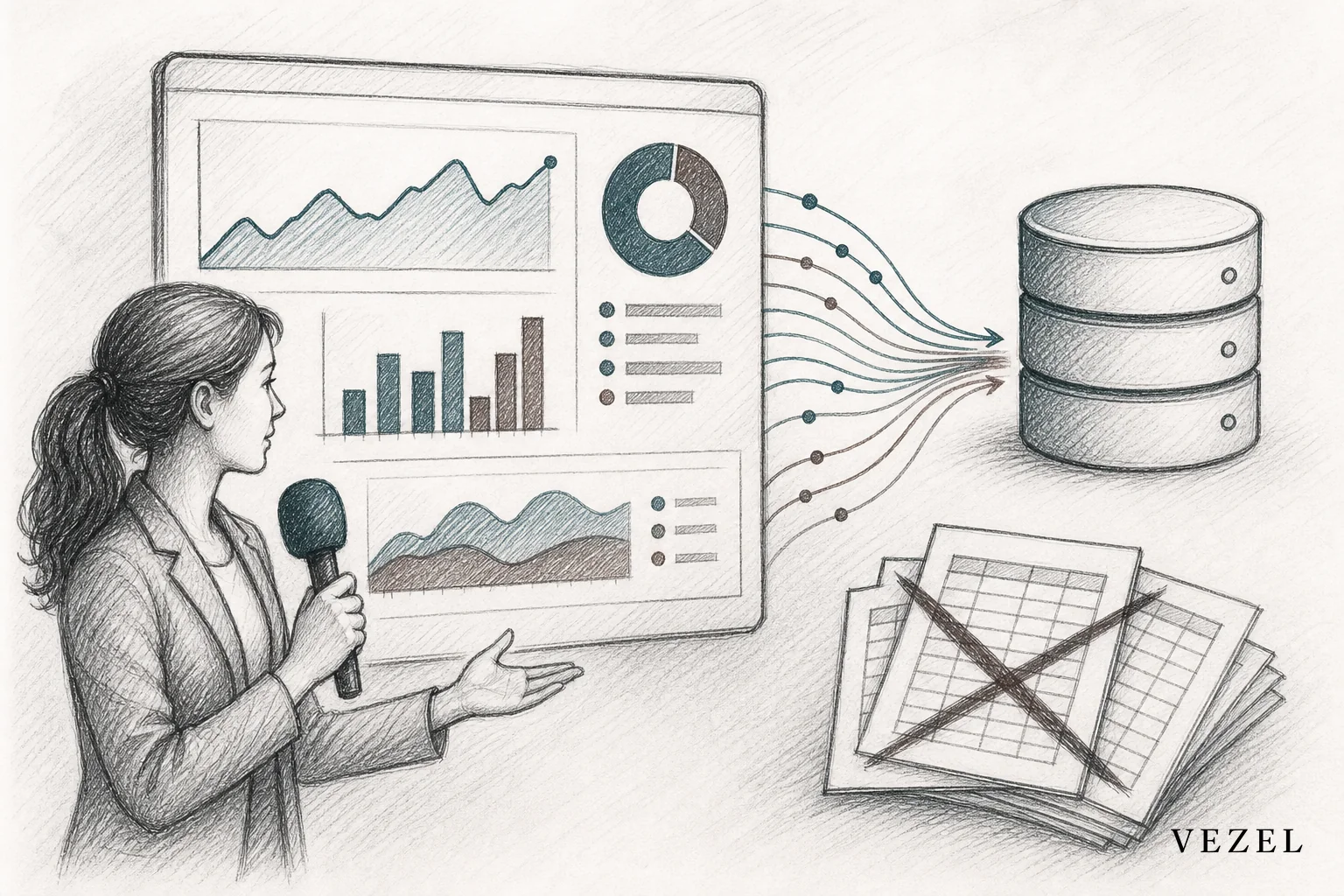 A sketch of a supply chain or operations report replacing a stack of spreadsheets, showing data flowing live from a connected source. sketch, hand-drawn line art pencil sketch with crosshatching, minimal color accents in #38555e and
