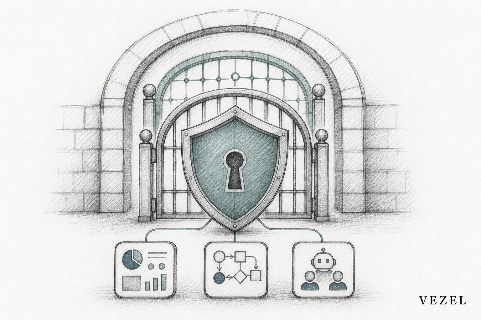 sketch, hand-drawn line art pencil sketch with crosshatching, minimal color accents in #2a4055 and #768d8c, illustration of a shield with a keyhole guarding a set of small app icons representing dashboards workflows and agents, layered gate
