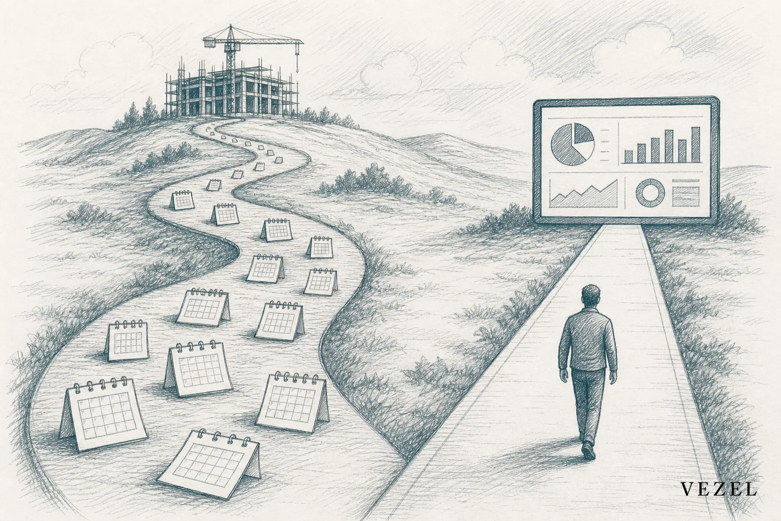 A sketch comparing a long winding road labeled with calendar pages versus a short direct path with a single admin figure reaching a finished dashboard. sketch, hand-drawn line art with crosshatching, showing two paths: a long winding road