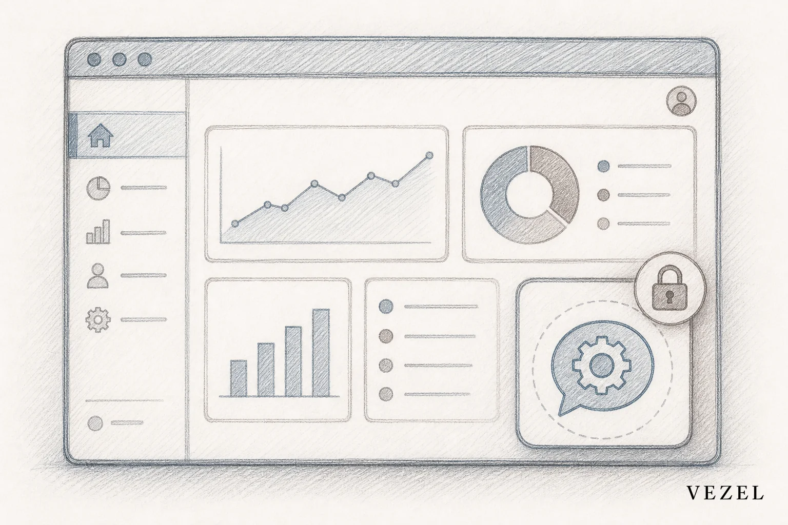 sketch, hand-drawn pencil line art with crosshatching, depicting a small gear-and-chat-bubble icon nesting seamlessly inside a larger outlined dashboard window, subtle lock icon showing inherited security, soft shading in slate blue #70828c