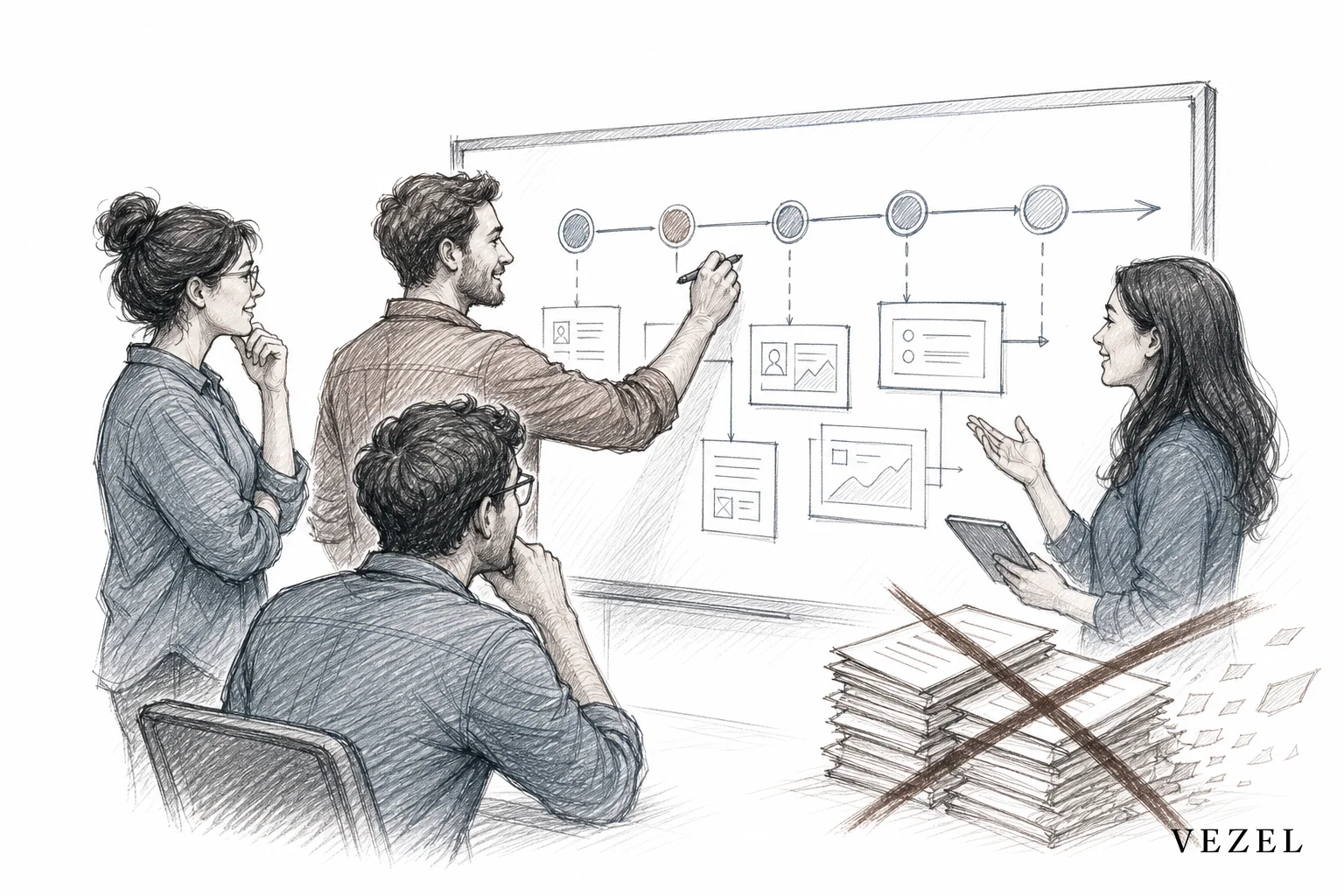 Hand-drawn sketch of an engineering team freed from ticket queue, working on core product instead. sketch, hand-drawn line art with pencil crosshatching, minimal color using muted brown and slate tones (#64524d, #2a4055, #70828c), showing a