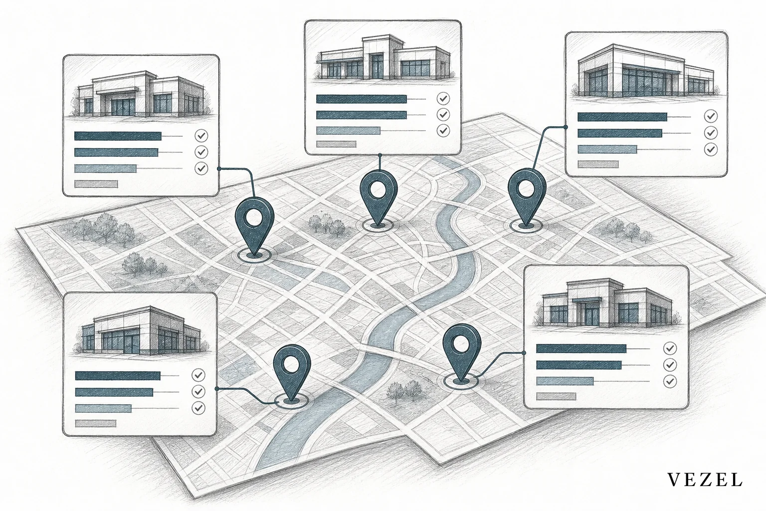 Sketch of a regional bank branch map with scorecards for different branches. sketch style hand-drawn line art, pencil crosshatching, color accents in #38555e and #70828c, showing a stylized map with several bank branch pin markers each