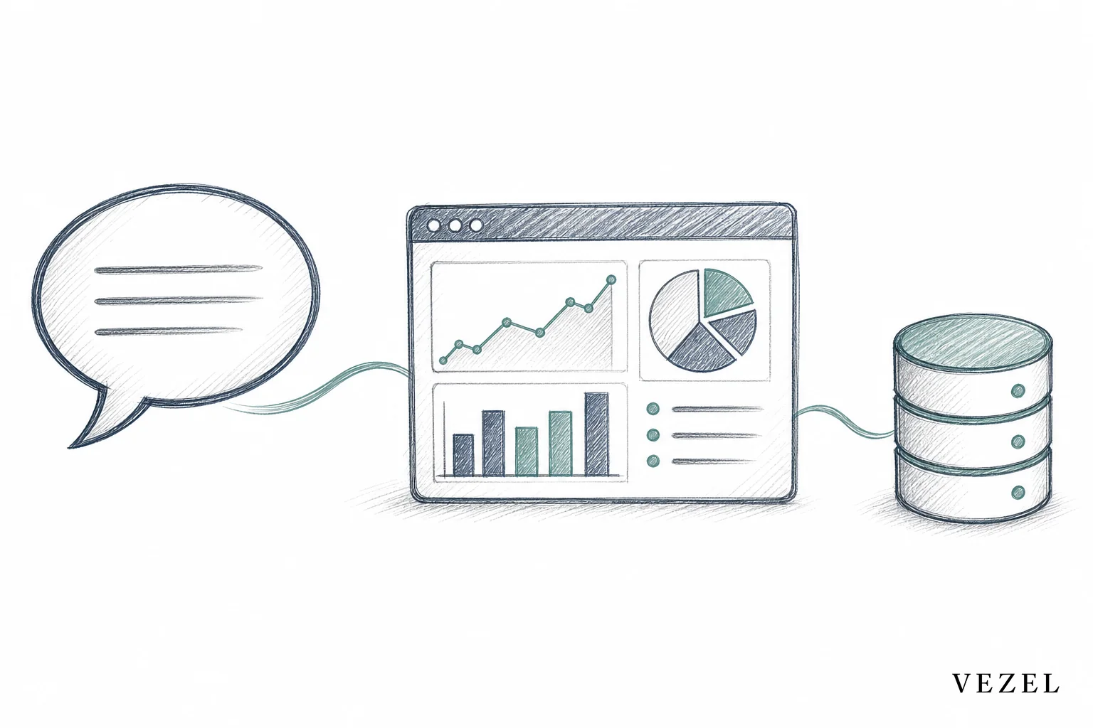 sketch style hand-drawn line art, pencil crosshatching, color accents in #2a4055 and #768d8c, showing a speech bubble with simple lines transforming into a dashboard with charts, connected by a flowing line to a database cylinder icon