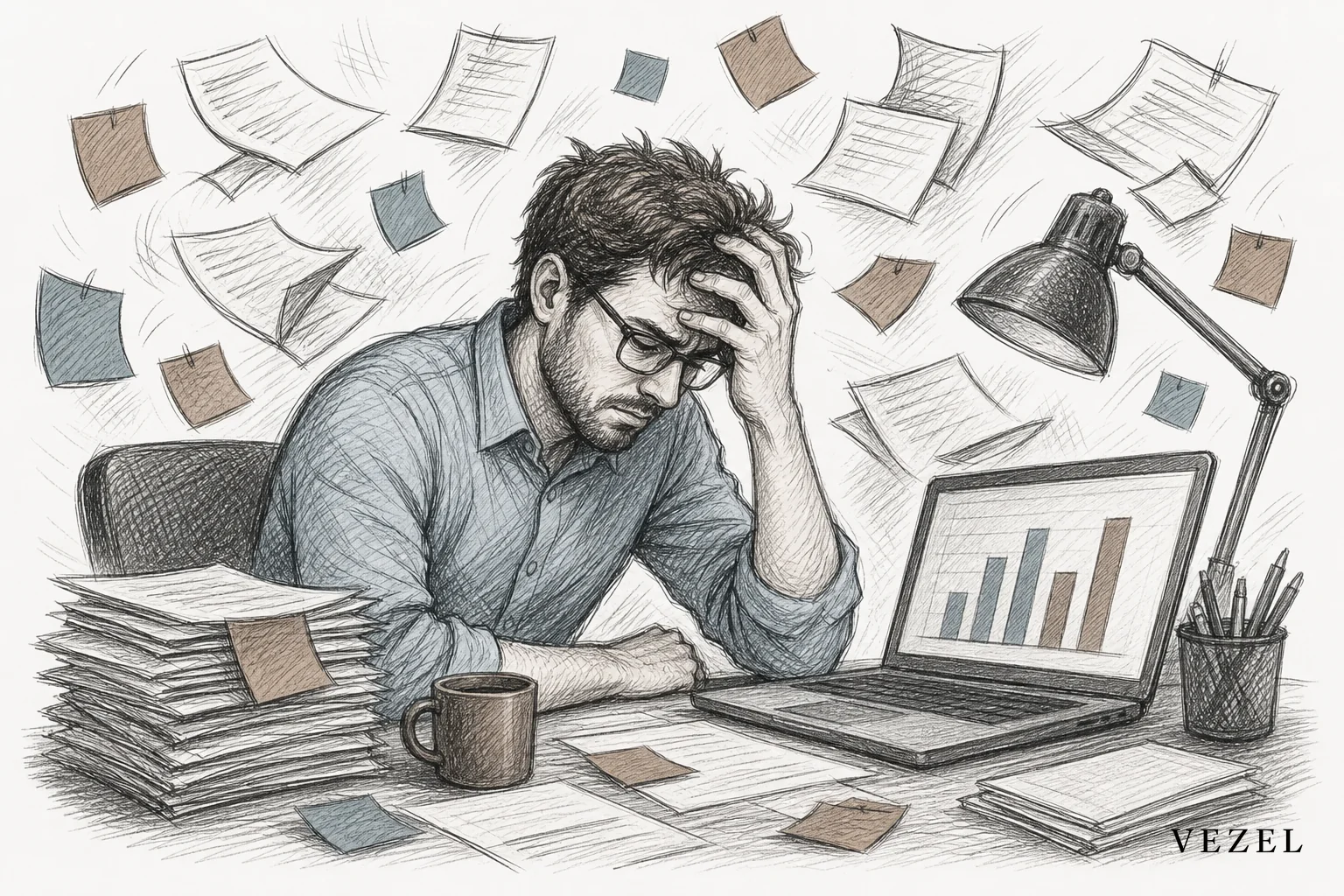 Sketch of a bank office with overwhelmed engineer surrounded by report request tickets. sketch style hand-drawn line art, pencil crosshatching, minimal color accents in #64524d and #70828c, depicting a stressed engineer at a desk surrounded