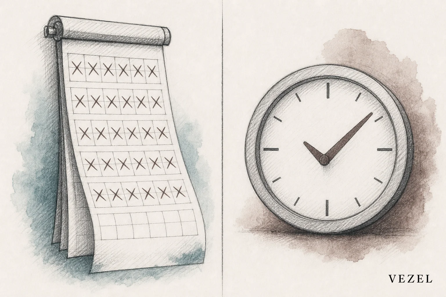 sketch, hand-drawn line art pencil sketch with crosshatching, minimal color accents in #38555e and #64524d, split illustration showing a long calendar page with many crossed-off weeks on one side and a single clock face with a checkmark on