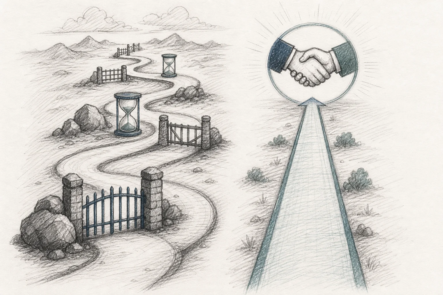 A visual timeline sketch comparing a long winding road representing a slow traditional sales cycle against a short direct path representing an accelerated cycle. sketch style hand-drawn line art, pencil sketch with crosshatching and minimal