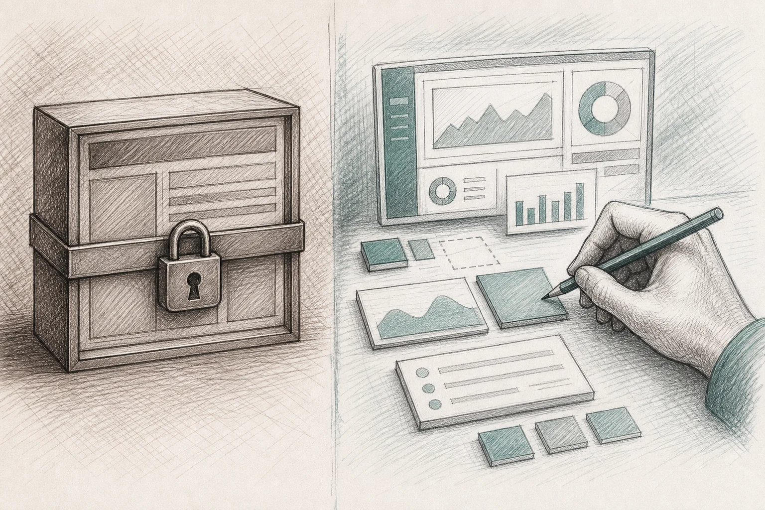 A split-panel sketch contrasting a locked black-box software interface with an open, buildable interface a person is shaping in real time. sketch style hand-drawn line art, pencil sketch with crosshatching and minimal color, split