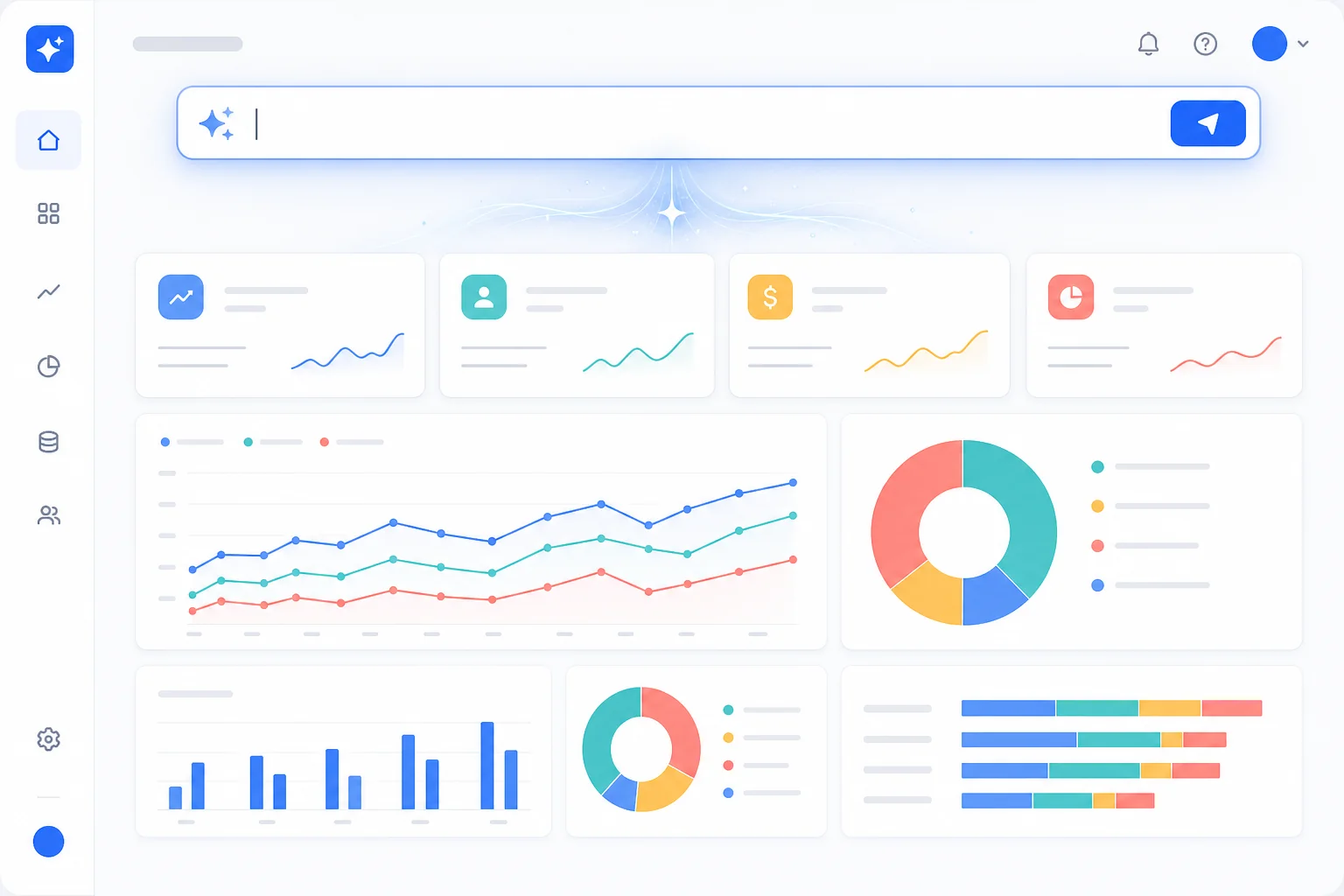 SaaS product UI showing a user typing a plain English prompt into an AI dashboard builder that generates live data visualizations