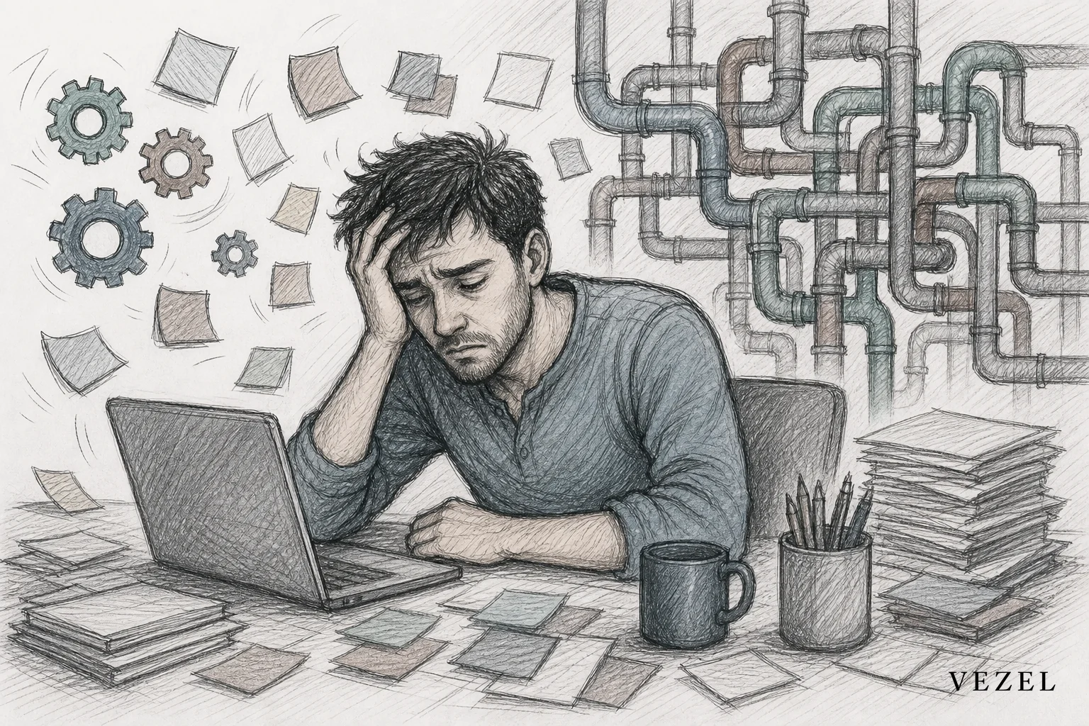 Engineer overwhelmed by a queue of report requests and export pipelines. sketch style hand-drawn line art, pencil sketch with crosshatching and minimal color using brand palette #2a4055 #38555e #64524d #70828c #768d8c: a software engineer