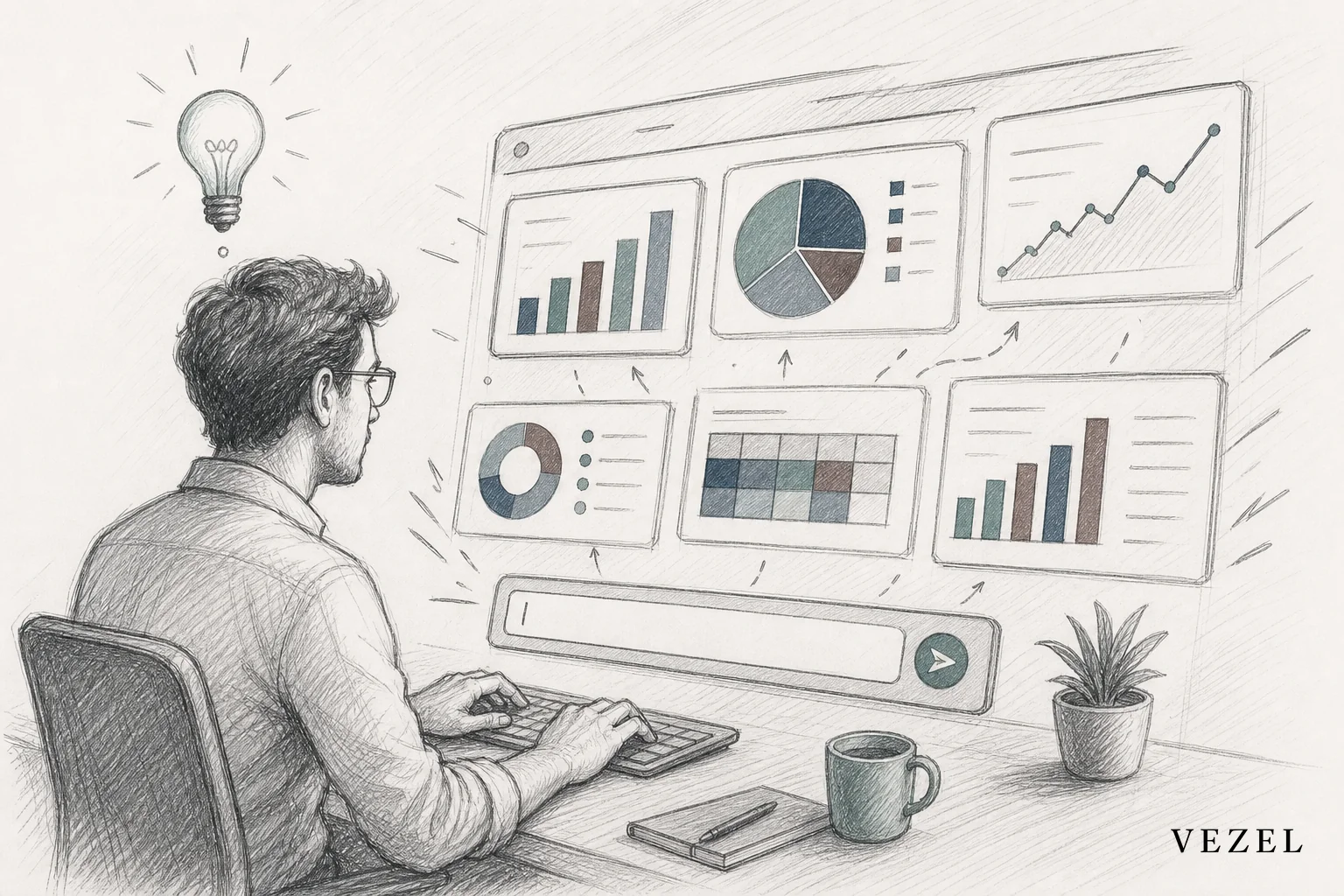 Non-technical business user building a live dashboard inside a SaaS product using plain English. sketch style hand-drawn line art, pencil sketch with crosshatching and minimal color using brand palette #2a4055 #38555e #64524d #70828c